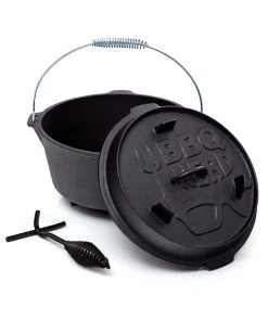 Null BBQ-Nerd© Dutch Oven "Professional" 4,2L Mit Füßen | Bereits Eingebrannt | Gusseisen Feuertopf Mit Deckel Und Integr. Bratpfanne und Deckelheber