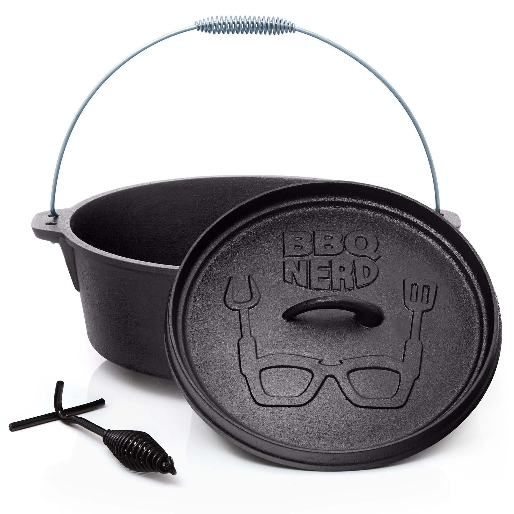 Null BBQ-Nerd© Dutch Oven "Starter" 10,7L Mit Ständer| Bereits Eingebrannt | Gusseisen Feuertopf, Bräter Mit Deckel Inkl. Deckelheber – Bild 2
