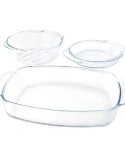 Null 3tlg. Kochschüsselset Glas Auflaufform 1,7L Rund Mit Deckel + Glas-Bräter 2.4L