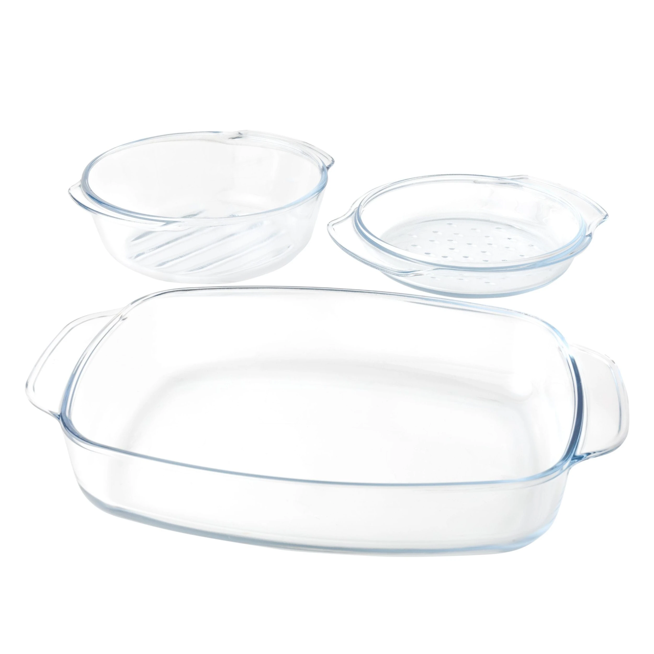 Null 3tlg. Kochschüsselset Glas Auflaufform 1,7L Rund Mit Deckel + Glas-Bräter 2.4L