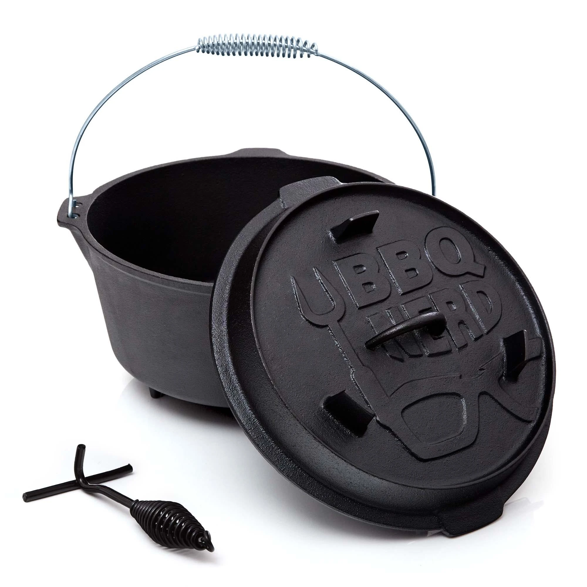 Null BBQ-Nerd© Dutch Oven "Professional" 4,2L Mit Ständer | Bereits Eingebrannt | Gusseisen Feuertopf Mit Deckel Und Integr. Bratpfanne und Deckelheber – Bild 3