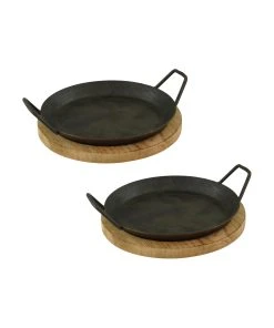 Gvk-eco 2 Stück Servierpfanne Aus Schmiedeeisen Mit Zwei Seitengriffen Und Brett ø 24cm