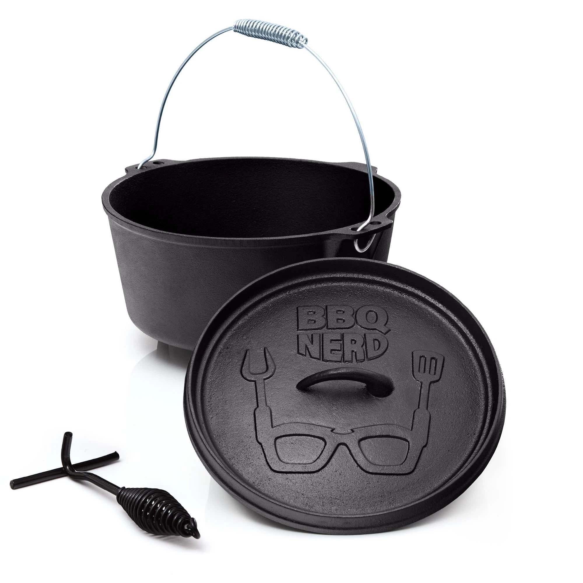 Null BBQ-Nerd© Dutch Oven "Starter" 10,7L Mit Ständer| Bereits Eingebrannt | Gusseisen Feuertopf, Bräter Mit Deckel Inkl. Deckelheber – Bild 5