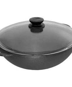 Null Wok Bratpfanne 26cm 3L Aus Gusseisen Mit Glasdeckel Und Kochlöffel