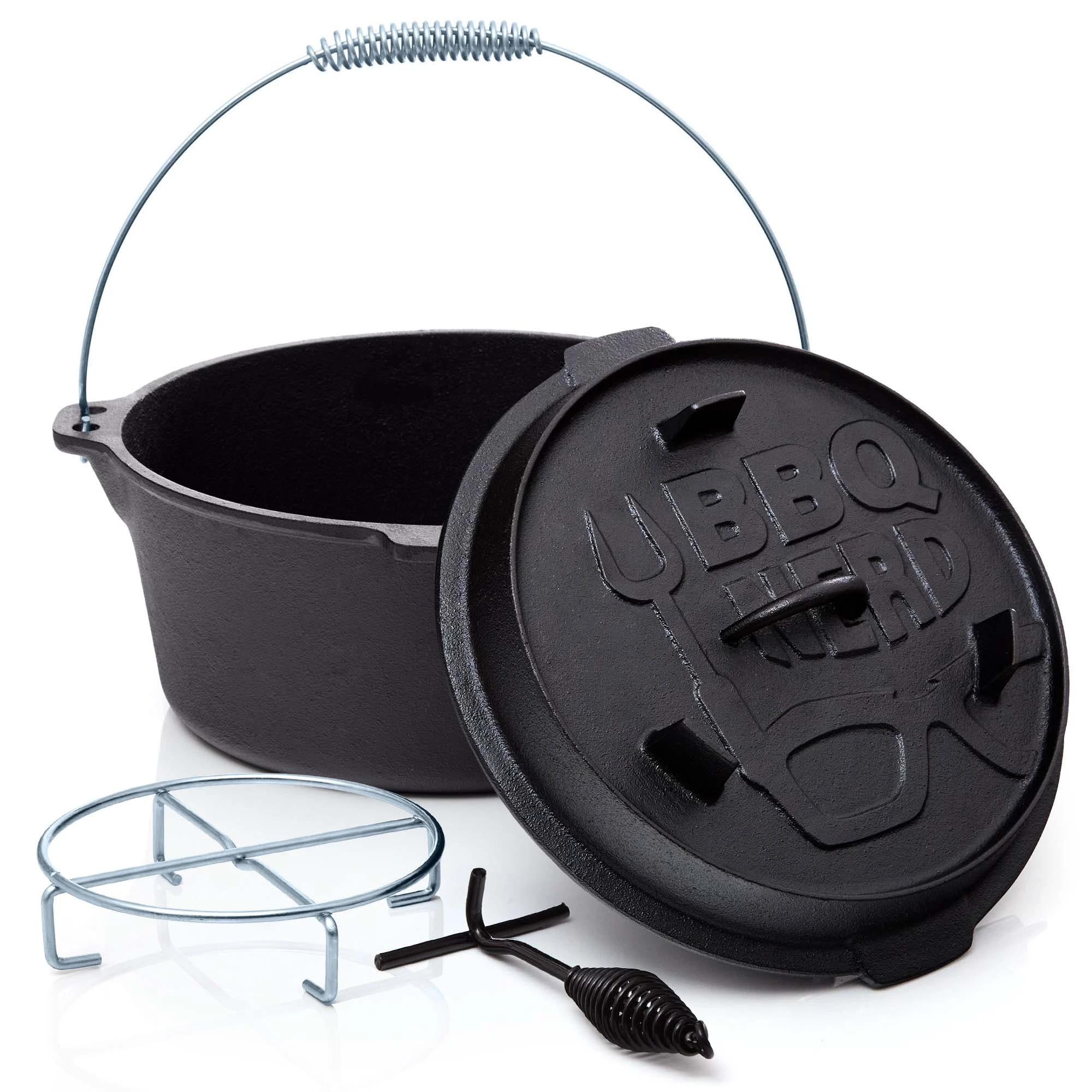 Null BBQ-Nerd© Dutch Oven "Professional" 4,2L Mit Füßen | Bereits Eingebrannt | Gusseisen Feuertopf Mit Deckel Und Integr. Bratpfanne und Deckelheber – Bild 5
