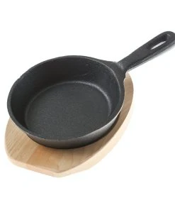 Null Minipfanne 13cm Mit Stiel U. Holzuntersetzer Gusspfanne Gusseisen Servierpfanne