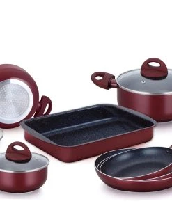 Null 10-Teiliges Marmorbeschichtetes Kochgeschirr-Set - Burgund