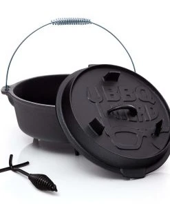 Null BBQ-Nerd© Dutch Oven "Professional" 7,3L Mit Füßen | Bereits Eingebrannt | Gusseisen Feuertopf Mit Deckel Und Integr. Bratpfanne und Deckelheber
