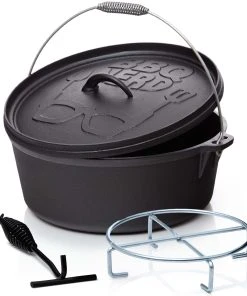 Null BBQ-Nerd© Dutch Oven "Starter" 10,7L Mit Ständer| Bereits Eingebrannt | Gusseisen Feuertopf, Bräter Mit Deckel Inkl. Deckelheber