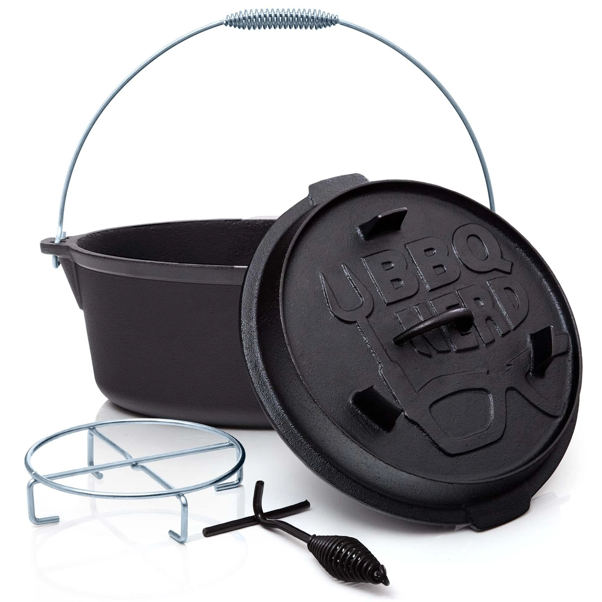 Null BBQ-Nerd© Dutch Oven "Professional" 4,2L Mit Ständer | Bereits Eingebrannt | Gusseisen Feuertopf Mit Deckel Und Integr. Bratpfanne und Deckelheber – Bild 4