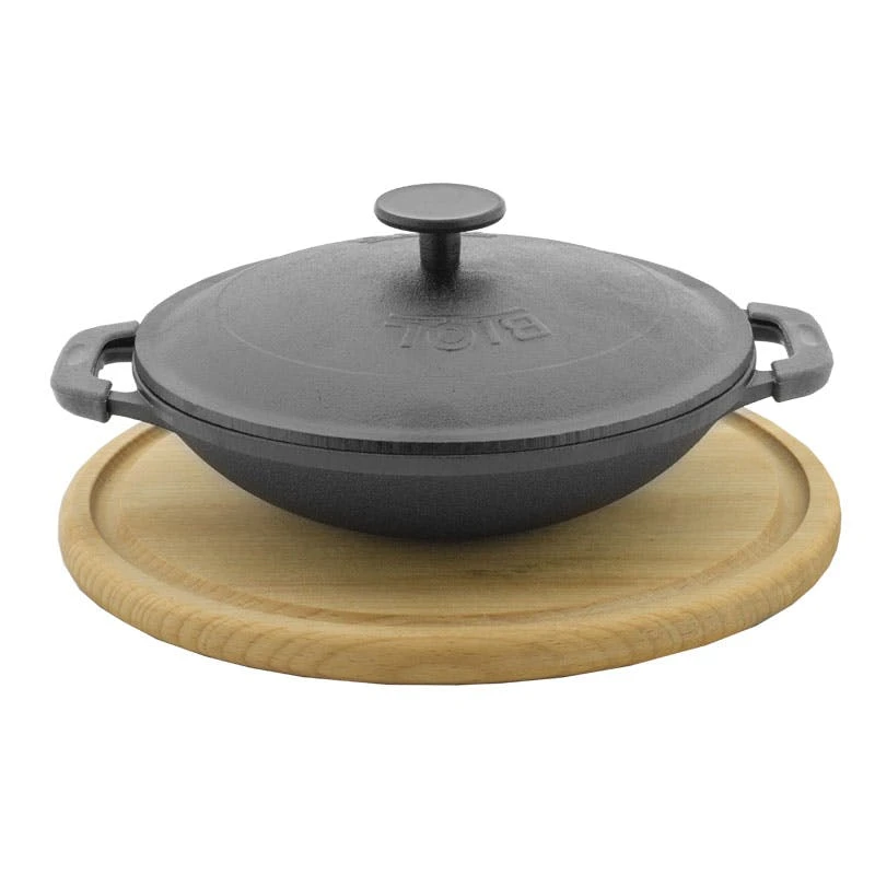 Null Wok Bratpfanne 26cm 3L Aus Gusseisen Mit Glasdeckel Und Kochlöffel – Bild 5