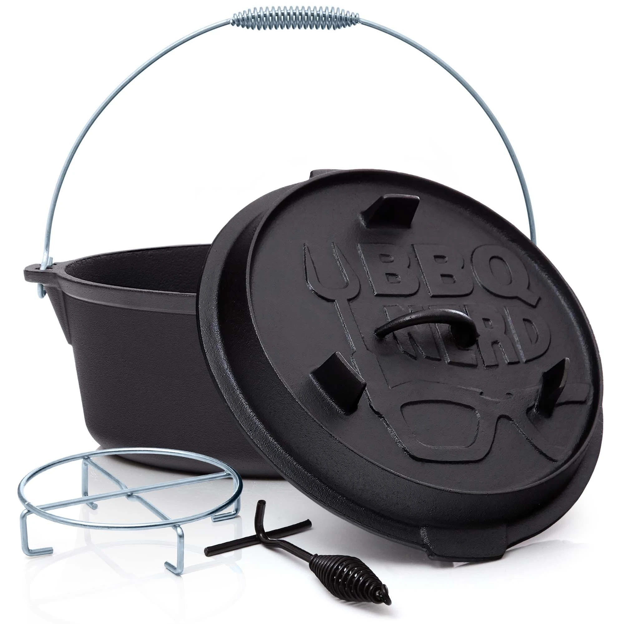 Null BBQ-Nerd© Dutch Oven "Professional" 13,6L Mit Ständer | Bereits Eingebrannt | Gusseisen Feuertopf Mit Deckel Und Integr. Bratpfanne und Deckelheber